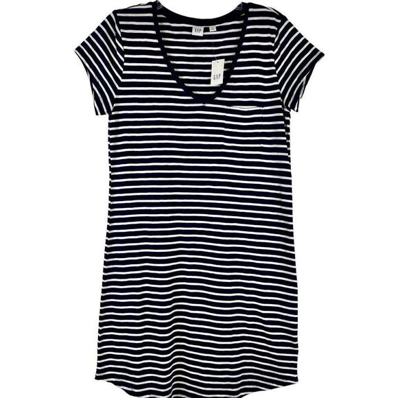 NWT Gap Navy White Striped V-neck Pocket Medium - Picture 1 of 12